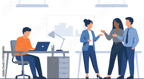 People collaborating in an office with coworkers and a worker