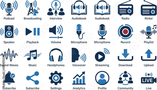 A curated set of blue and white icons graphically depicts various aspects of audio content creation and consumption, such as podcasts, radio, and music playback.