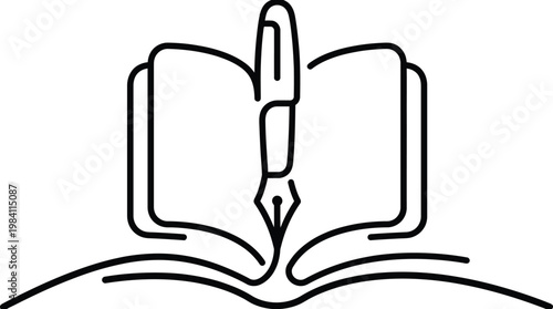 Open book with a fountain pen forming the spine.