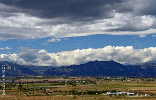 Εκτύπωση καμβά looking out toward stearns lake, boulder's flatirons, and eldorado canyon in the rocky mountains' front range, over farmland and open space on a sunny fall day, from Broomfield