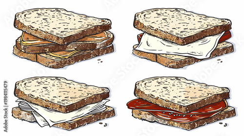 Digital drawing of four sandwiches with different fillings on grainy brown bread