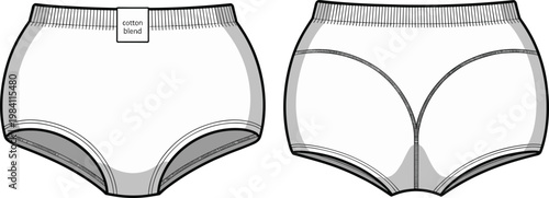 Women’s cotton blend underwear flat sketch, high waist brief template design, seamless comfort lingerie fashion drawing, back and front view