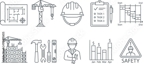 construction icons set, safety symbols, engineering graphics