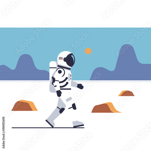 Astronaut walking on alien planet surface