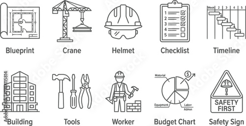 construction icons set, building and safety symbols