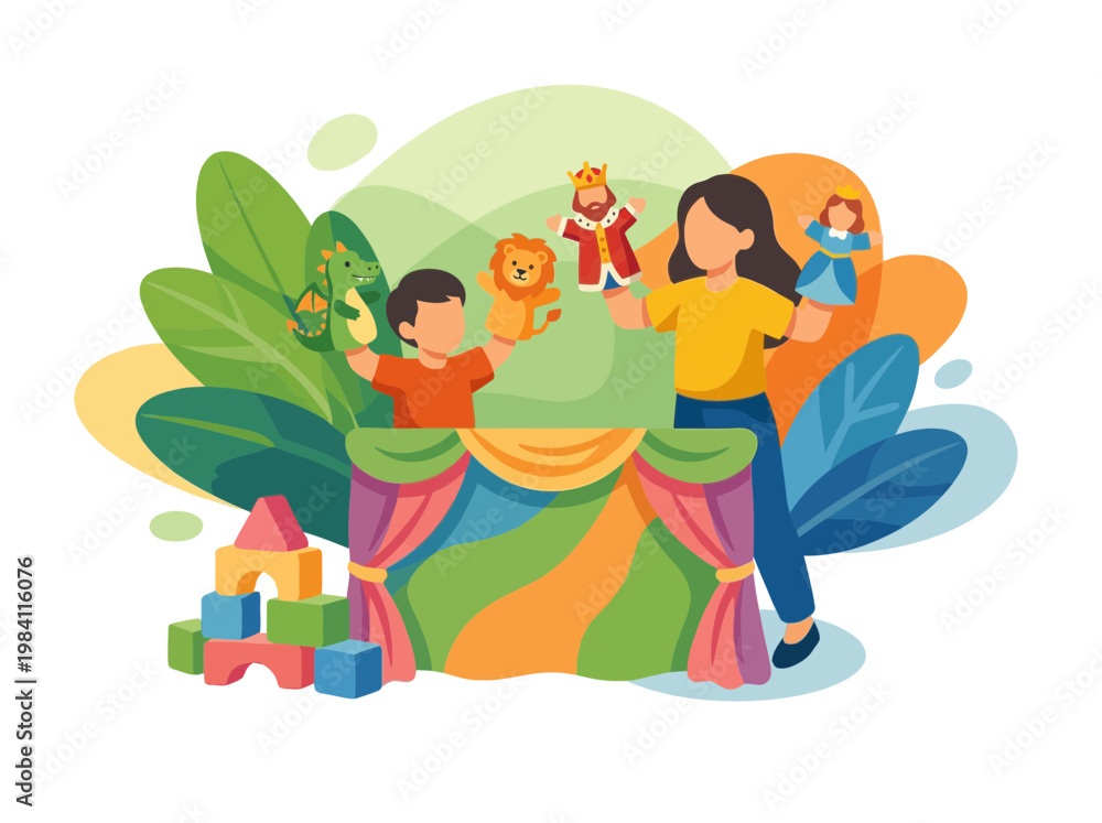 Fototapeta premium Children Performing Creative Hand Puppet Show Theater Activity