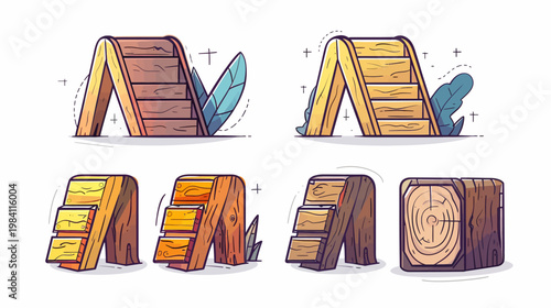 Cute cartoon graphic showcasing wooden stairs, logs, and a leaf on a white background