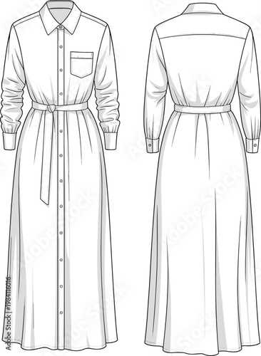 Women’s elegant shirt dress, belted maxi fashion design, long sleeve stylish outfit, button down apparel sketch, modern clothing vector illustration, template