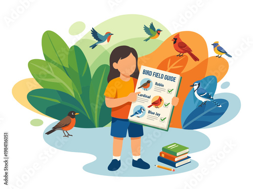 Young Girl Identifying Birds with Field Guide in Nature