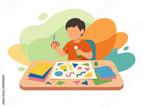 Creative Boy Doing Paper Craft and Collage at Home or School
