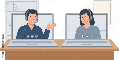 Two people wearing headsets are sitting at a desk with laptops discussing