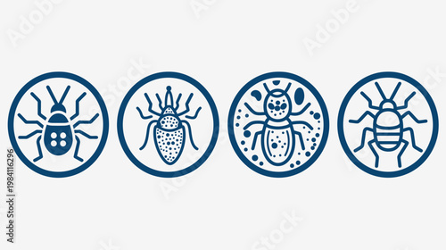 Four blue icon bugs displayed in circles on a white background, outline and dotted details