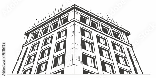 Low angle sketch of a modern office building skyscraper, vector