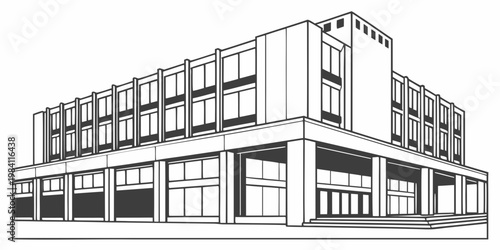 Modern office building architectural line art illustration, vector