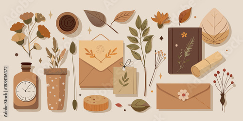 Set of vintage botanical and stationery elements, vector