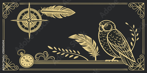 Vintage adventure illustration with owl and compass, vector