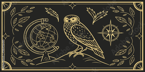 Antique esoteric owl globe and compass line art, vector