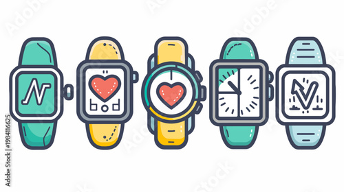 Five stylized smartwatches displayed with screens displaying metrics