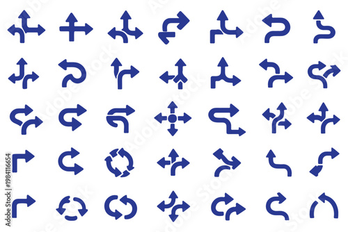 Road or way direction arrows isolated set. Collection of black road direction signs. Road navigation arrows. Traffic route. Vector illustration