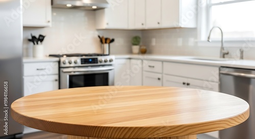 Modern Kitchen Interior with Wooden Table Focus.