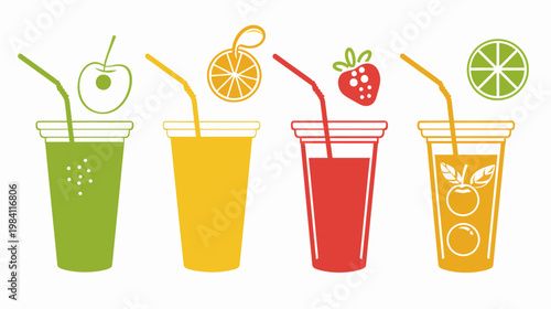Four colorful fruit smoothies, each with a fruit silhouette above, on white background