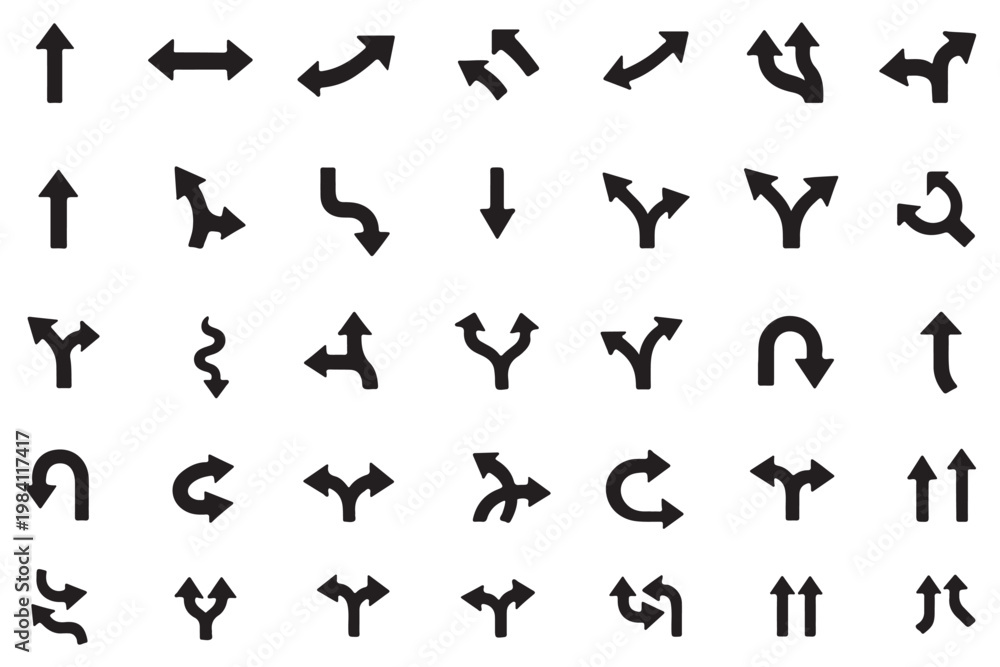Fototapeta premium Navigation line icon set. Vector pictograms of directional arrows, traffic light, vehicles, road, intersection, bridge, parking, and warning signs, thin linear illustration.