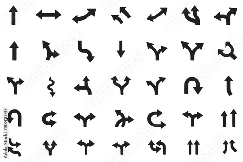 Navigation line icon set. Vector pictograms of directional arrows, traffic light, vehicles, road, intersection, bridge, parking, and warning signs, thin linear illustration.