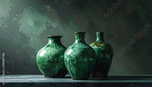 Three green ceramic vases on a table (1)