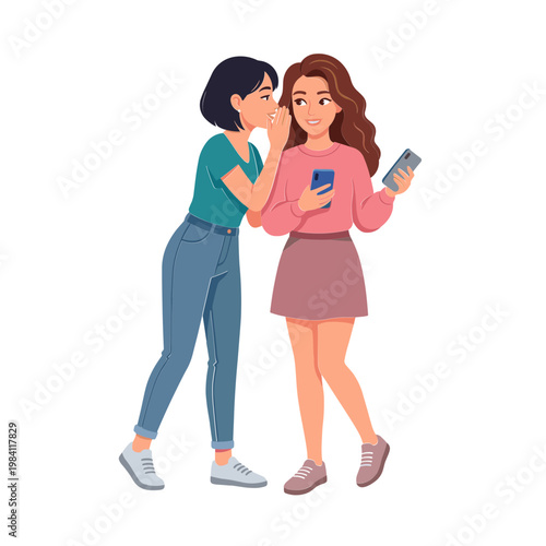 Two women standing and talking while one holds phone and card outside city