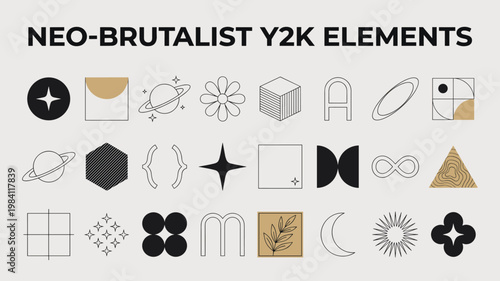 Neo Brutalist Y2K Geometric Shape Elements Vector Set – Minimalist Black Gold Star Planet Moon Leaf and Abstract Symbols for Modern Graphic Design