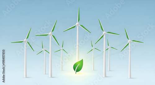 Wind Turbines Generating Clean Energy with Leaf Symbol.