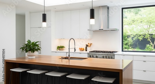 Modern Kitchen Island with Sleek Design and Natural Light.