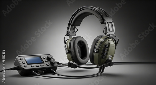 Headphones and control panel on dark surface