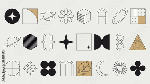 Y2K Aesthetic Geometric Shape Elements Vector Set – Minimalist Black Gold Star Planet Leaf Moon Bracket and Abstract Symbols for Graphic Design
