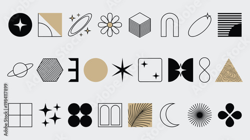 Y2K Aesthetic Geometric Shape Elements Vector Set – Minimalist Black Gold Star Planet Moon Arch and Abstract Symbols for Modern Design
