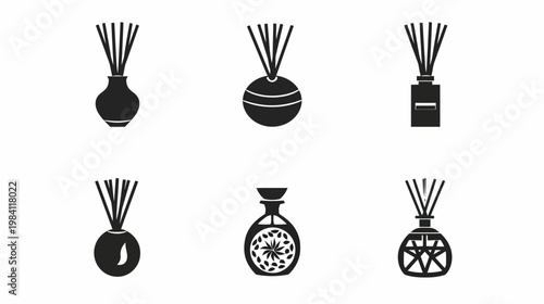 Vector art shows six diffusers with various bottle designs in silhouette against white backdrop