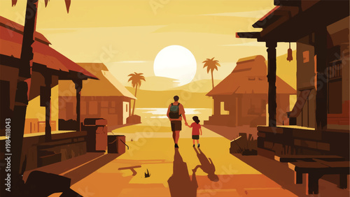Illustration Of Father And Son Walking With Sunset Vector Design Template