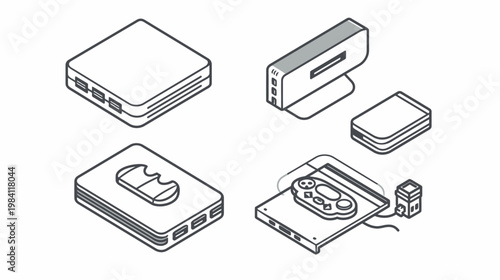 Isometric line drawing depicts various vintage tech gadgets and electronic devices