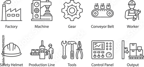 industrial icons set, factory and manufacturing symbols