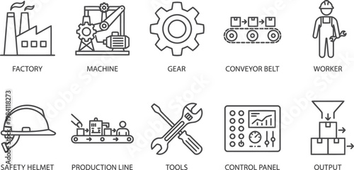 industrial icons set, factory, machine, gear, worker, safety helmet