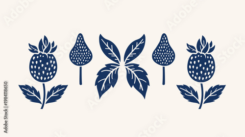 Navy stylized strawberries and a leafy floral graphic element on a light beige ground