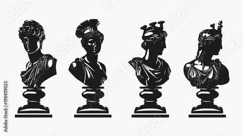 Four antique bust sculptures are depicted, rendered in silhouette against a white backdrop