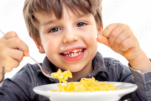 Happy Cute Child Eating Healthy Meal: Smiling Toddler with Messy Face Enjoying Lunch at Home