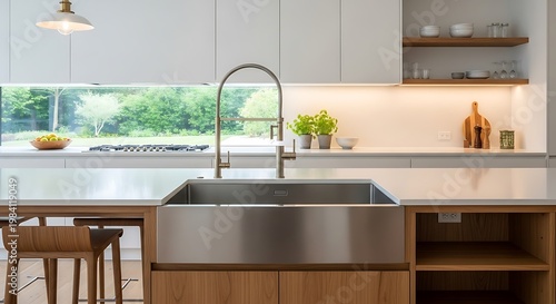 Modern Kitchen Sink with Natural Light and Open Shelving.