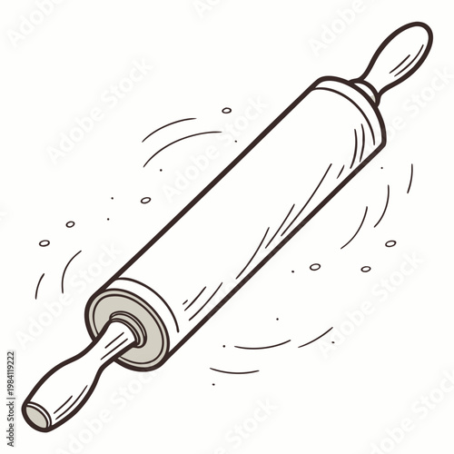 Rolling pin in action with flour dust for baking dough or pastry, food preparati