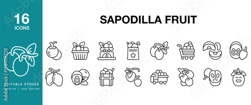 Sapodilla Fruit icon set. Includes sapodilla, fruit, tropical, brown, fresh, ripe and More. Editable Stroke Icon Collection.