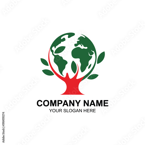 A green and red logo depicting a tree growing from a globe