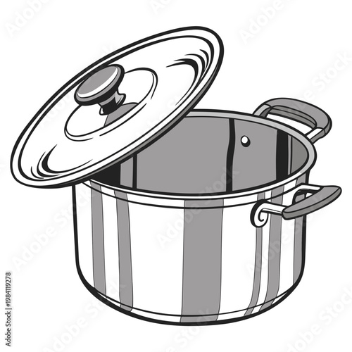 Modern cooking pot with open lid isolated black and white illustration, line art