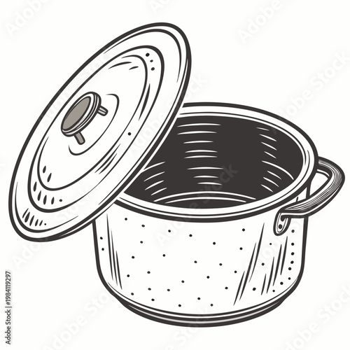 Traditional rustic cooking pot with lid ajar black and white illustration
