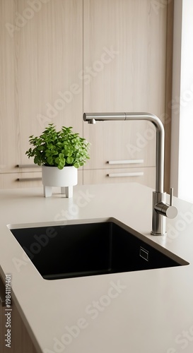 Modern Kitchen Sink with Plant and Sleek Faucet.